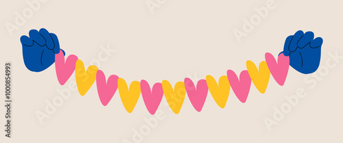Hands holding paper shape of heart for greeting concept. Colorful vector illustration