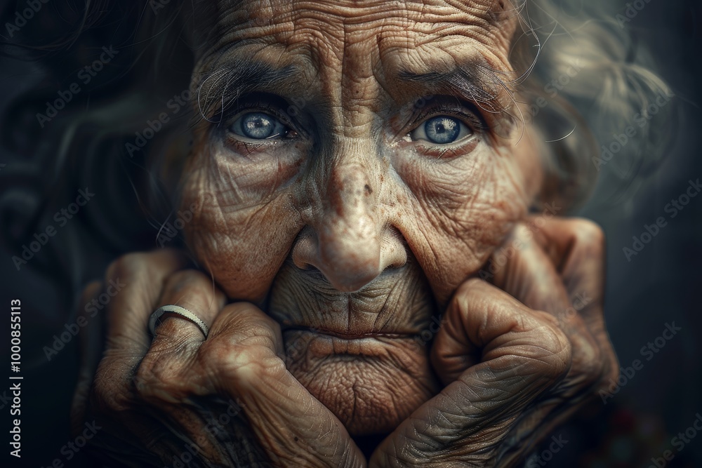 Portrait of an elderly woman with deep wrinkles and striking blue eyes. She is wrapped in a colorful knit scarf, exuding warmth and wisdom. The soft lighting highlights her gentle expression Portrait of an elderly woman with deep wrinkles and striking blue eyes. She is wrapped in a colorful knit scarf, exuding warmth and wisdom. The soft lighting highlights her gentle expression