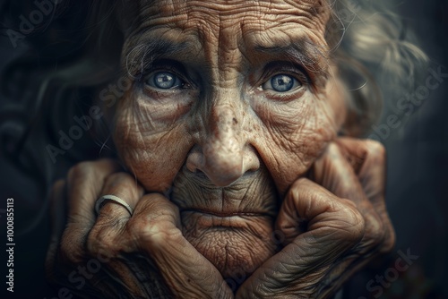 Portrait of an elderly woman with deep wrinkles and striking blue eyes. She is wrapped in a colorful knit scarf, exuding warmth and wisdom. The soft lighting highlights her gentle expression