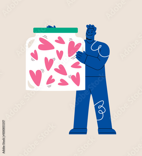 Man holding in hands glass jar with hearts. Donation and charity concept. Colorful vector illustration