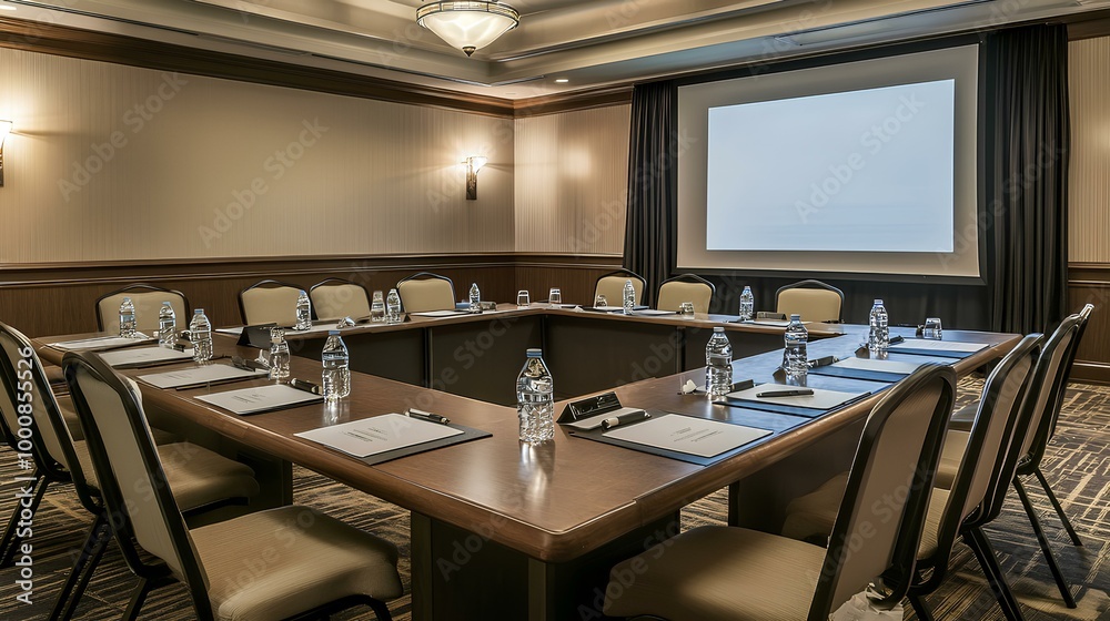 A modern conference room setup featuring a large table, chairs, water bottles, and a projector screen, designed for professional meetings and presentations. A modern conference room setup featuring a large table, chairs, water bottles, and a projector screen, designed for professional meetings and presentations.