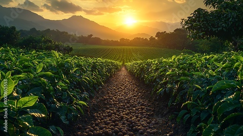 Silk farm at dawn with dewcovered mulberry trees glistening in the morning light and farmers harvesting the first cocoons of the season photo