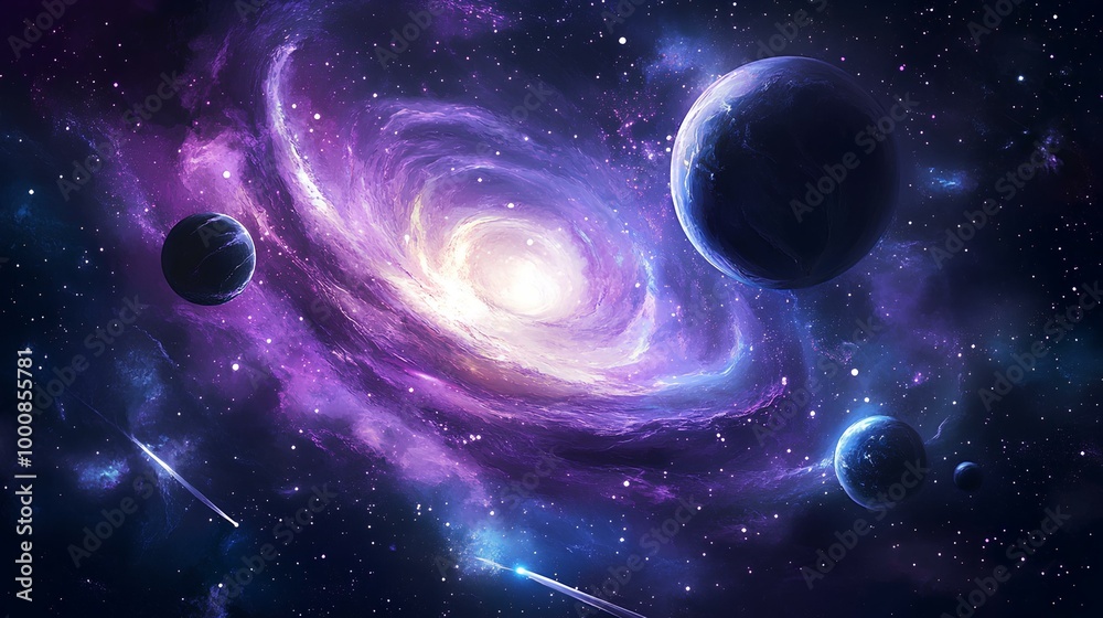 Obraz premium A stunning cosmic scene showcasing a vibrant galaxy surrounded by planets, stars, and deep space, brimming with colorful nebulas and swirling gases.