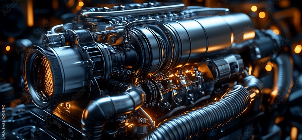 Close-up of a powerful, gleaming engine with intricate details. Close-up of a powerful, gleaming engine with intricate details.