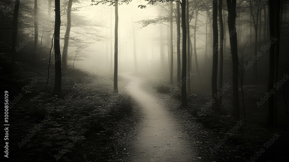 Obraz premium A misty forest path winds through darkened trees, creating an enchanting yet eerie atmosphere, hinting at mystery and nature's beauty.
