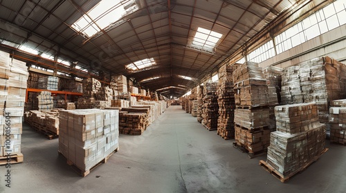 A wide interior view of a warehouse filled with stacked pallets of goods under natural light from skylights.