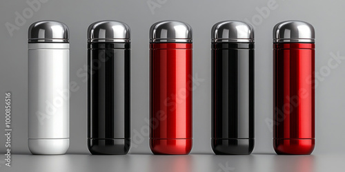 White, Black, Red and Silver Empty Glossy Metal Thermos Water Bottle