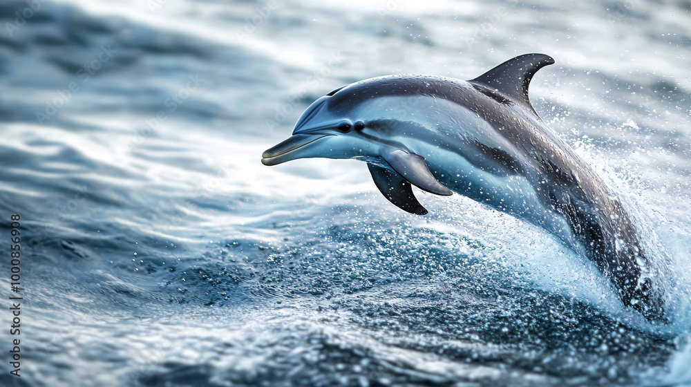Fototapeta premium A striped dolphin leaps out of the water, creating a splash.