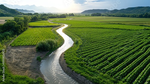 Drone view of synchronized irrigation systems creating intricate patterns on vast farmland