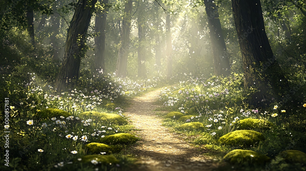 Obraz premium A sunlit path winds through a mossy forest floor, surrounded by wildflowers.
