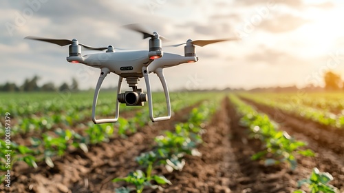 Futuristic drone overseeing rows of crops, AI-driven farm management photo