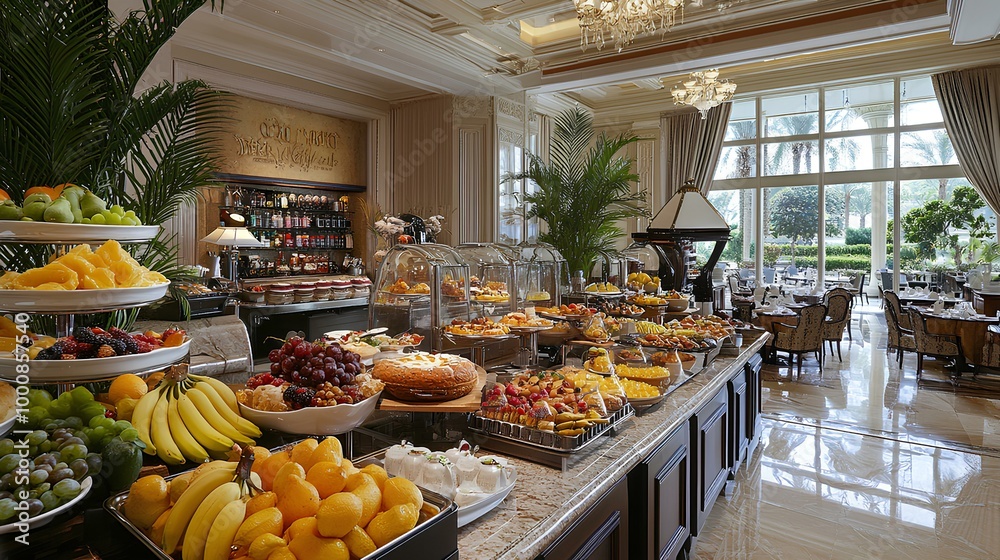 A luxurious buffet showcasing an array of fresh fruits, pastries, and a vibrant ambiance, perfect for a delightful dining experience. A luxurious buffet showcasing an array of fresh fruits, pastries, and a vibrant ambiance, perfect for a delightful dining experience.