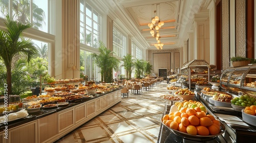 A luxurious dining hall featuring an opulent buffet filled with fruits and pastries under large windows and elegant chandeliers. photo