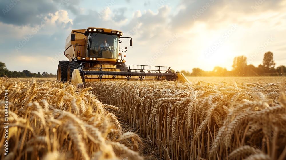 Fototapeta premium Large, yellow combine harvester dwarfing the fields of golden wheat it works through