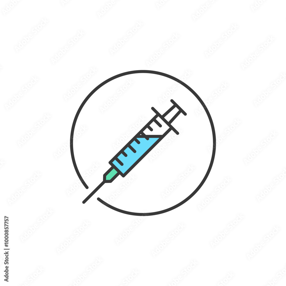 This medical icon depicts a syringe filled with blue liquid, symbolizing vaccination or medication administration. It is relevant for healthcare, pharmacy, and medical services. This medical icon depicts a syringe filled with blue liquid, symbolizing vaccination or medication administration. It is relevant for healthcare, pharmacy, and medical services.