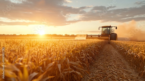 Massive harvester chewing through rows of corn, dust clouds rising against the evening sky photo