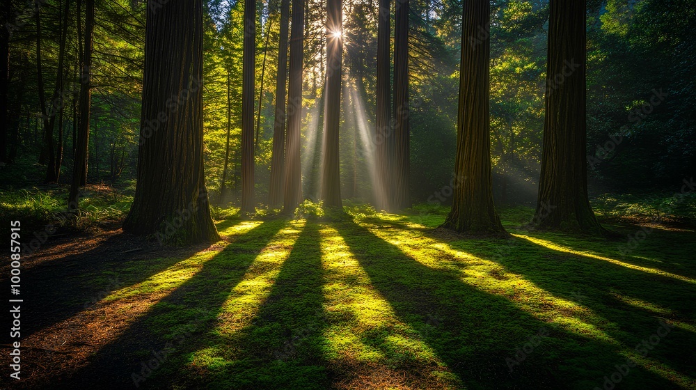 Fototapeta premium A serene forest scene with sunlight streaming through trees, casting long shadows on the vibrant green ground.
