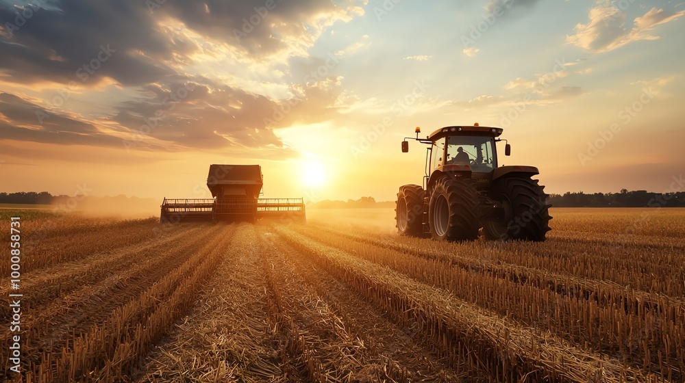 Fototapeta premium The outline of heavy-duty machinery against a deep orange sunset, towering over endless rows of crops