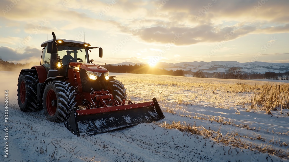 Tractor pulling a plow across a snowy field, early morning light breaking through Tractor pulling a plow across a snowy field, early morning light breaking through