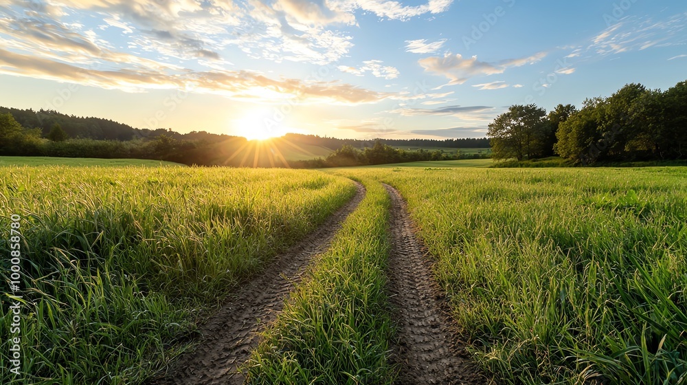 Tractor tire tracks leading through a field of fresh, dewy grass at sunrise Tractor tire tracks leading through a field of fresh, dewy grass at sunrise