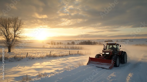 Tractor pulling a plow across a snowy field, early morning light breaking through