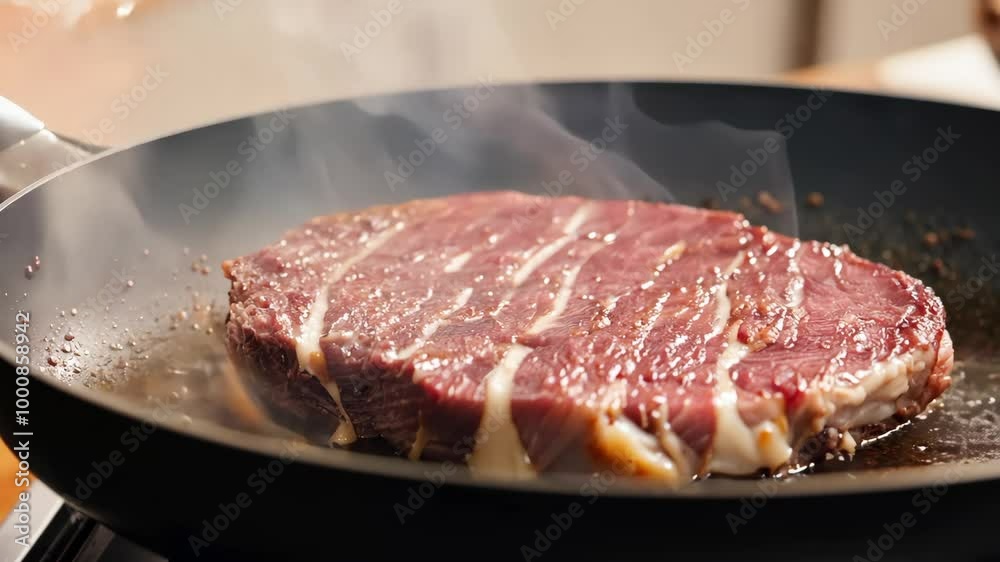 Sizzling steak in a hot pan with smoke rising Sizzling steak in a hot pan with smoke rising