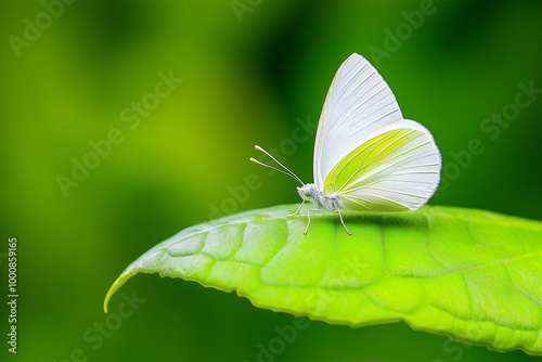 Green and yellow butterfly is on a leaf. The butterfly is on the leaf and not on the ground. n nature, we find ourselves, our true essence