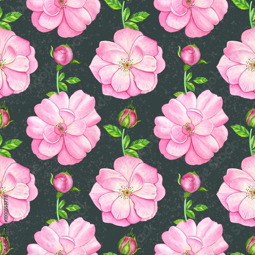 Floral seamless pattern with tea pink roses. Watercolor illustration