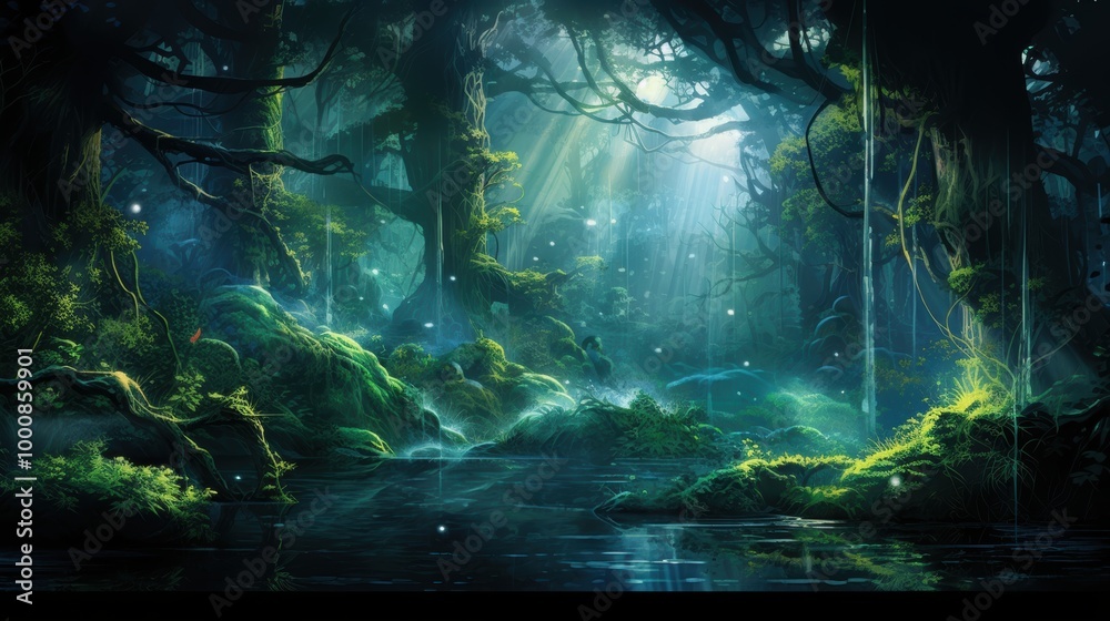 Fototapeta premium Mystical Forest Glade with Sunbeams and a Still Pool