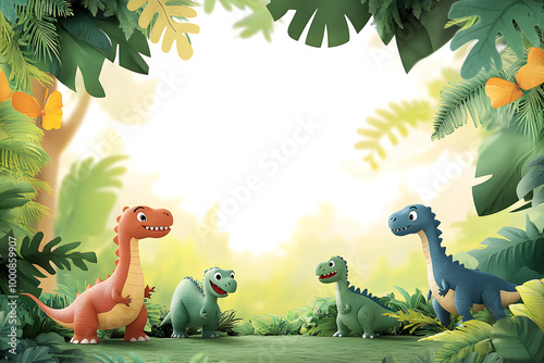 Fototapeta Naklejka Na Ścianę i Meble -  Cute cartoon dinosaur frame border on background.