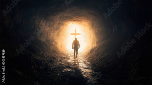 Black silhouette of a man walks through a dark tunnel with a shining, bright Cross, a light at the exit, repentance and returning to God Jesus Christ, Christianity and religion, faith and peace, love