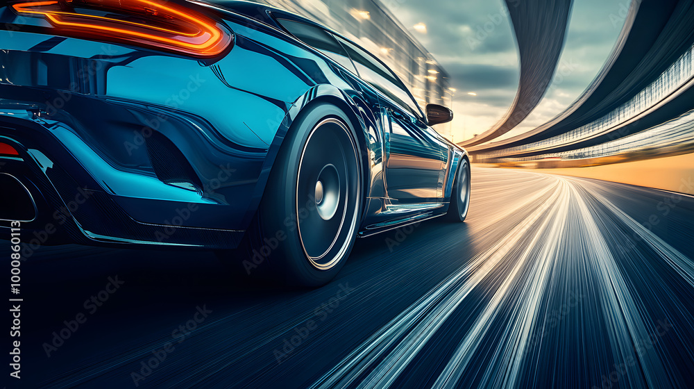 Rear view of blue Business car on high speed in turn. Blue car rushing along a high-speed highway. Rear view of blue Business car on high speed in turn. Blue car rushing along a high-speed highway.