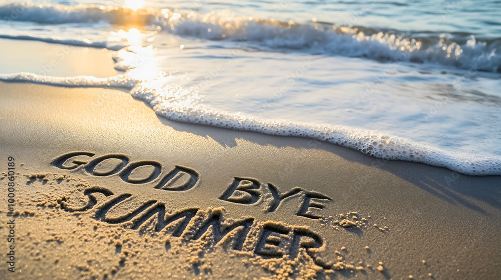 Fototapeta premium Goodbye summer text a beautiful message on the beach sand, symbolizing the end of vacations holidays, as the sunny sea waves greet the ocean under the bright sunlight on coastline