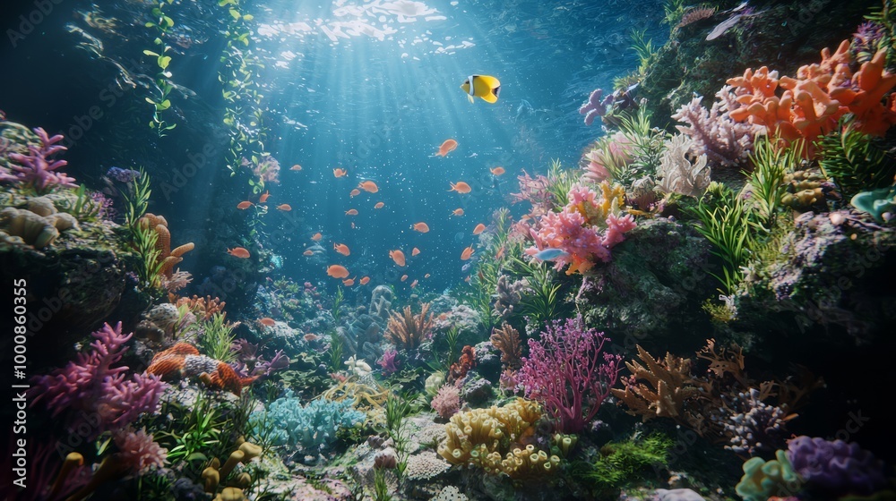 Naklejka premium Immersive 3D Rendering of a Lively Coral Reef Ecosystem with Diverse Marine Life
