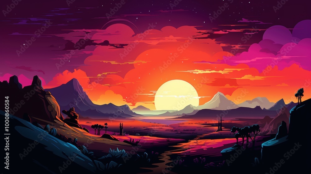 A Vibrant Sunset Over a Mountainous Landscape with a Silhouetted Stream A Vibrant Sunset Over a Mountainous Landscape with a Silhouetted Stream