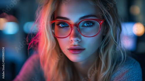 Close-up portrait of a young woman with blonde hair and red-rimmed glasses looking at the camera.