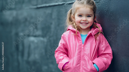 Fototapeta Naklejka Na Ścianę i Meble -  Happy little female kid or toddler wearing a stylish pink jacket, the joyful young girl smiles leaning on wall on city streets with cheerful smile in a raincoat during a autumn day in an urban setting