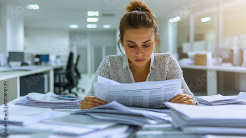 A young woman in a business suit sorts through a pile of documents piled up on a desk in an office. photo