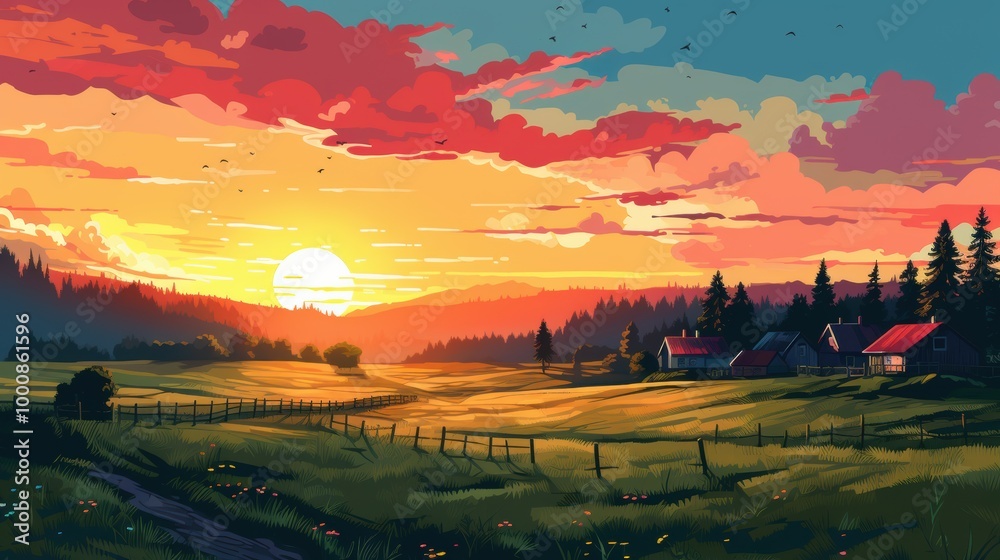 Fototapeta premium Sunset Over a Rural Village with a Forest and Houses