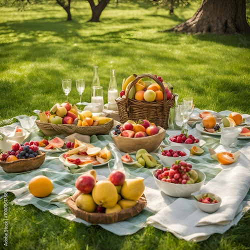 Stylish spring picnic with fresh fruits and trendy table settings showcasing seasonal lifestyle trends
 photo