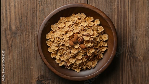 appetizing breakfast cereals on wooden plate flat lay background