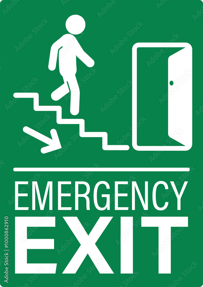 Isolated green sticker sign Emergency Exit door with stairs, for indoor safety label Isolated green sticker sign Emergency Exit door with stairs, for indoor safety label