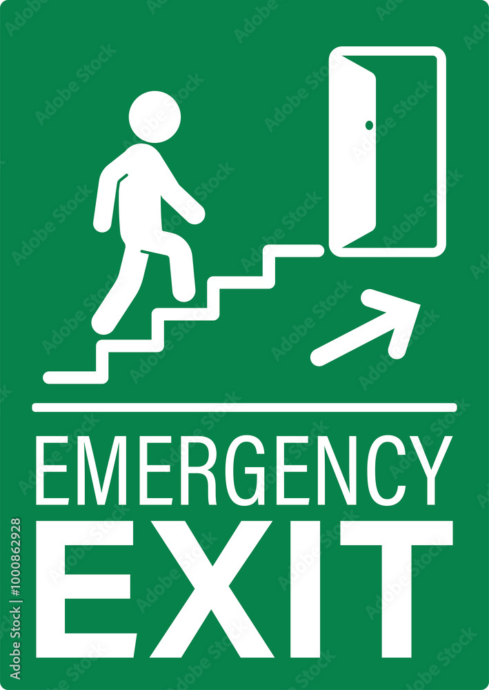 Isolated green sticker sign Emergency Exit door with stairs, for indoor safety label Isolated green sticker sign Emergency Exit door with stairs, for indoor safety label