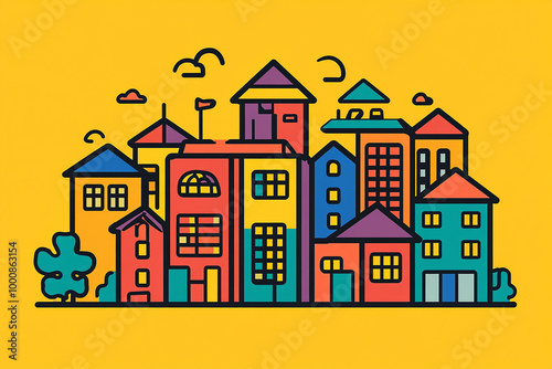 illustration of houses Colorful children's illustration of a city landscape with houses on a yellow background in cartoon style