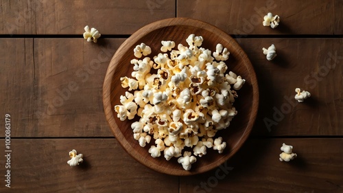 appetizing popcorn on wooden plate flat lay background