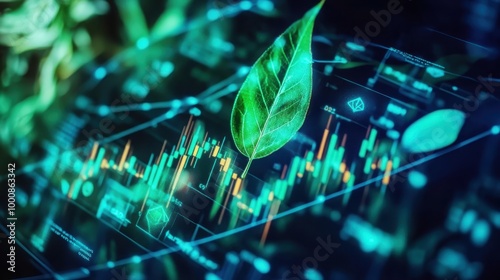 Digital Visualization of ESG Impact Investing with Green Leaf and Financial Data Charts