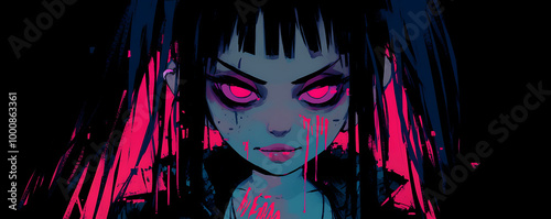 Crazy anime young girl cyberpunk digital painting. Manga woman evil dark Halloween theme photo