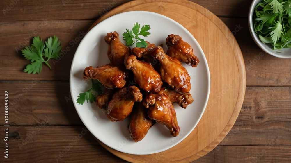 appetizing chicken wings on wooden plate flat lay background appetizing chicken wings on wooden plate flat lay background
