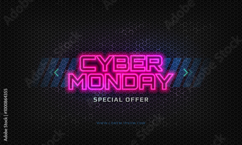 Cyber Monday banner. Promotion sale poster with neon sign on a dark background. Cyberpunk concept. Vector illustration.