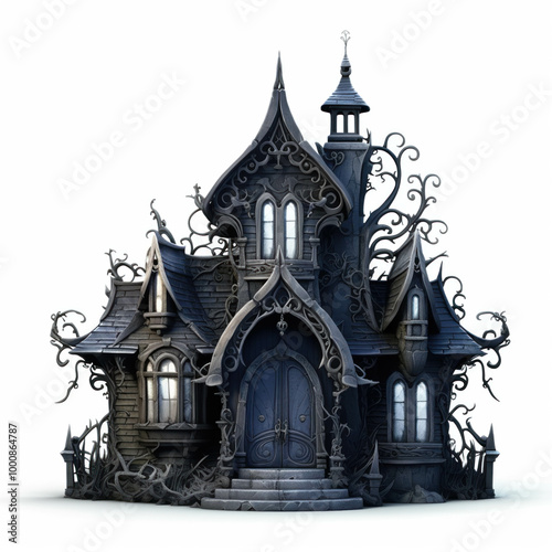 Scary house isolated on white background. Creepy mansion. Old bewitched abandoned building. Spooky dark Halloween manor